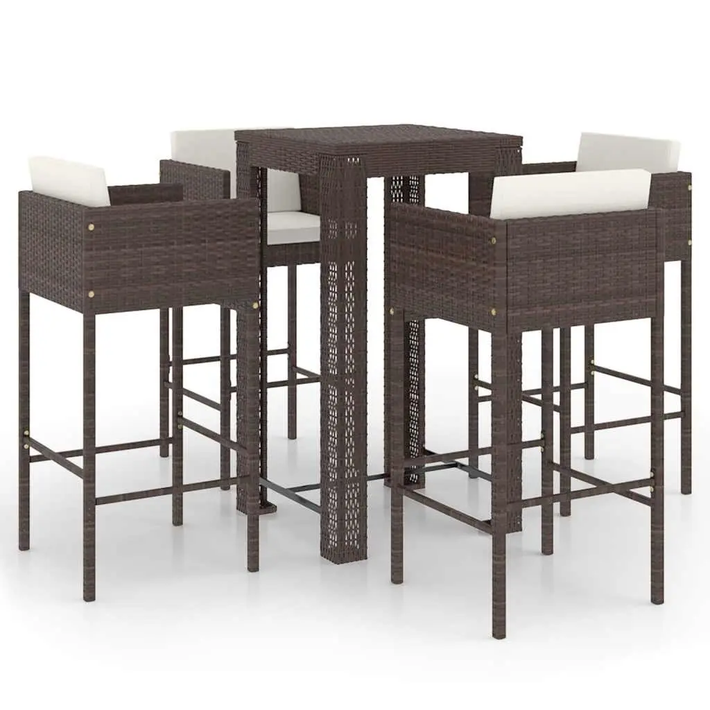 5 Piece Outdoor Bar Set Poly Rattan Garden Bar Table Stools with Cushions Brown
