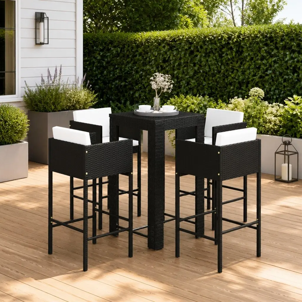 5 Piece Garden Bar Set Outdoor Rattan Bar Table Stools Black