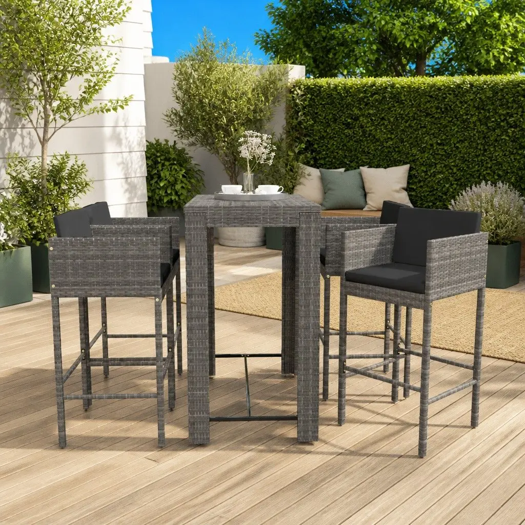 5 Piece Garden Bar Set with Cushions Outdoor PE Rattan Table Stools Grey