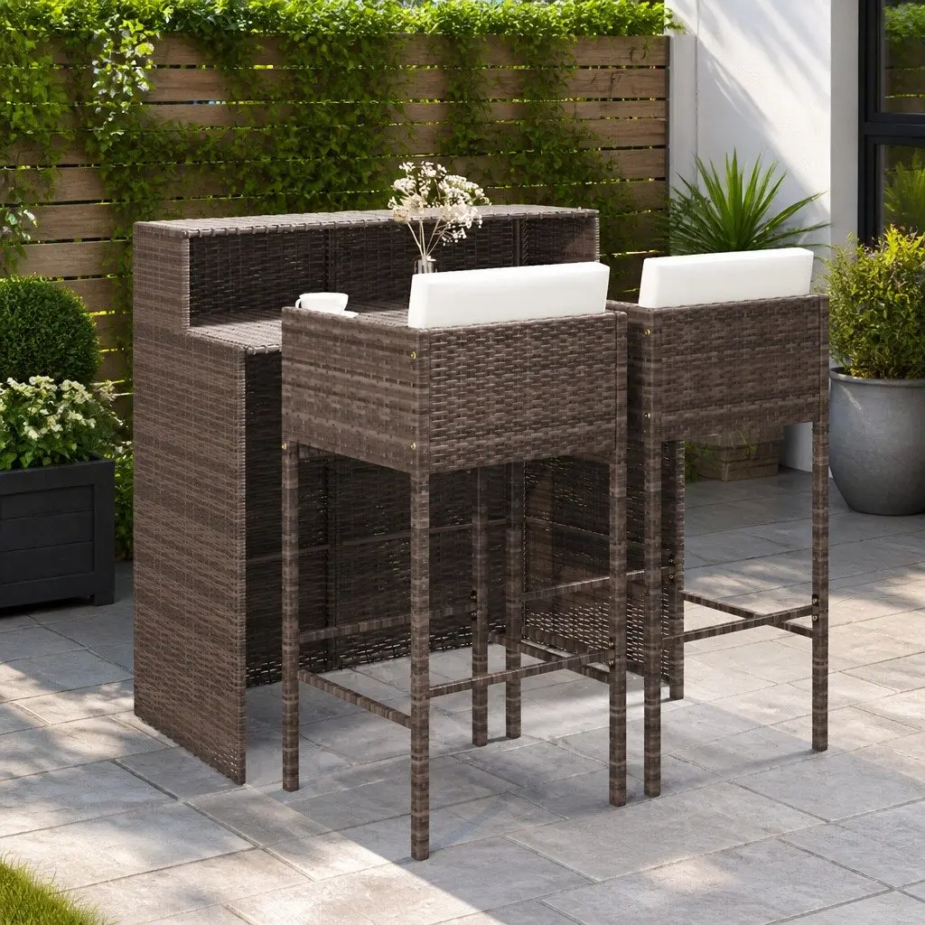 Garden Bar Set 3 Piece with Cushions Poly Rattan Outdoor Table Stools Brown
