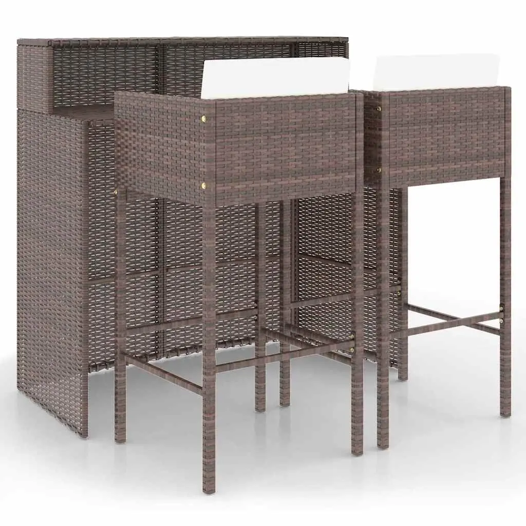 Garden Bar Set 3 Piece with Cushions Poly Rattan Outdoor Table Stools Brown