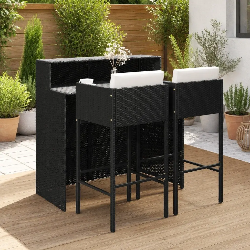 3 Piece Garden Bar Set Outdoor Poly Rattan Table Stools Black