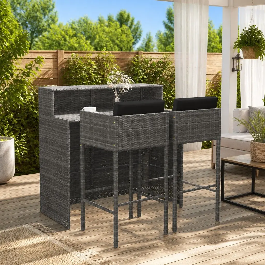 3 Piece Garden Bar Set Outdoor PE Rattan Table Stools with Cushions Grey