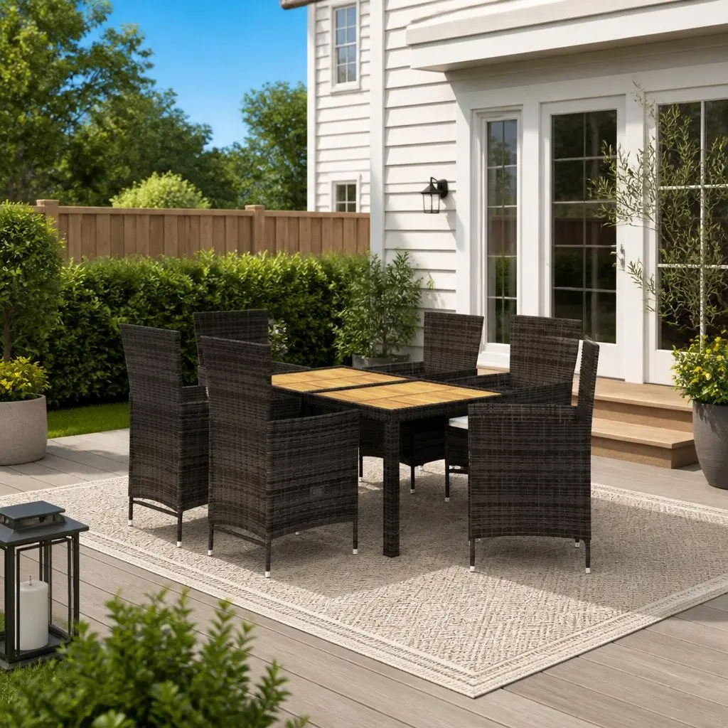 Outdoor Dining Set 7 Piece Garden Furniture Black PE Rattan with Cushions