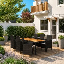 Outdoor Dining Set 7 Piece Garden Furniture Poly Rattan Black with Cushions
