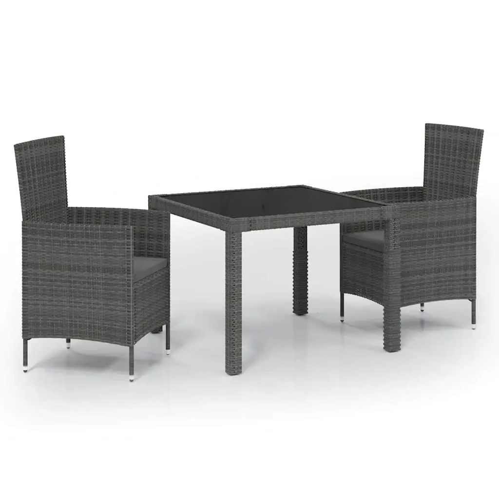 Outdoor Dining Set 3 Piece Grey Poly Rattan Garden Furniture with Cushions