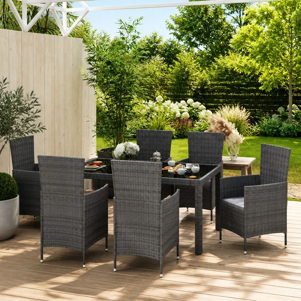 7 Piece Outdoor Dining Set Grey Poly Rattan Garden Furniture Chairs Table
