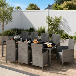 Outdoor Dining Set 9 Piece Grey Poly Rattan Garden Furniture Steel Frame