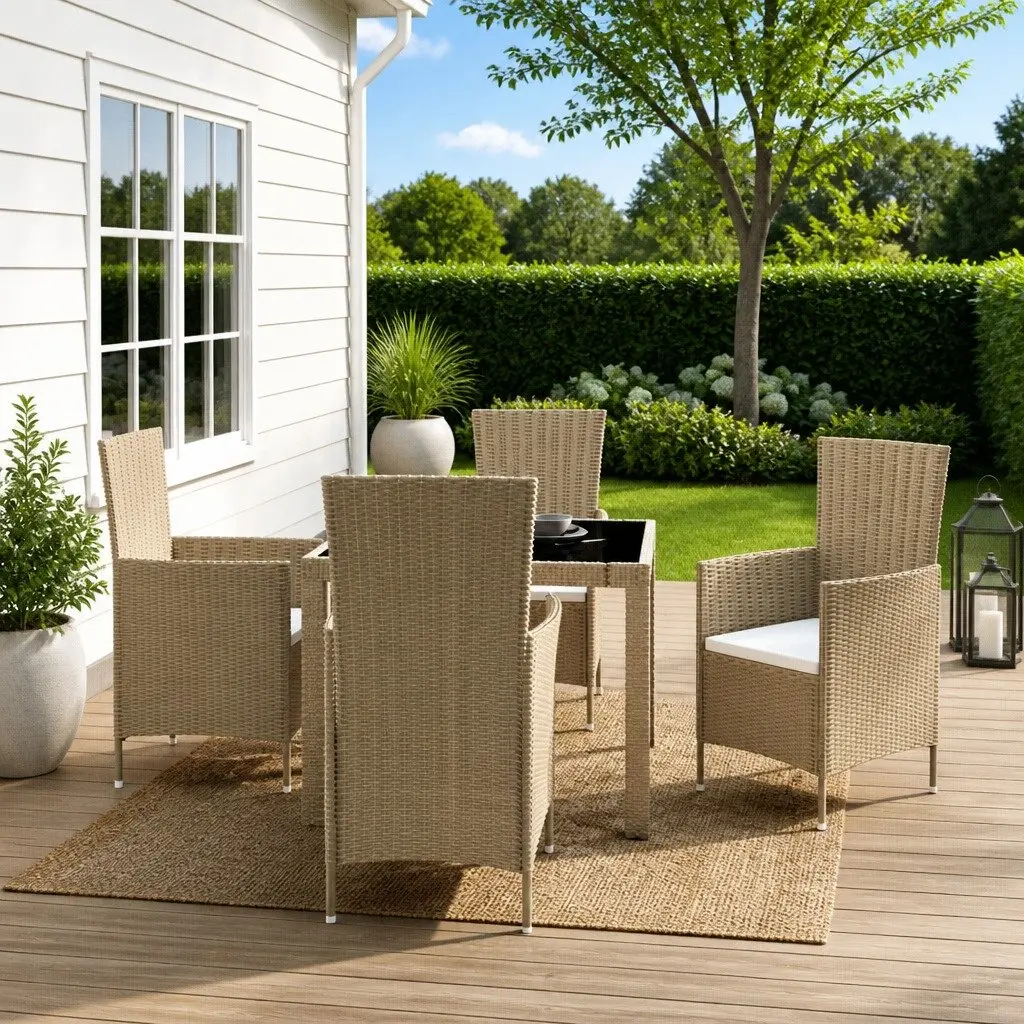 Outdoor Dining Set 5 Piece Beige Poly Rattan Garden Furniture Patio Table Chairs