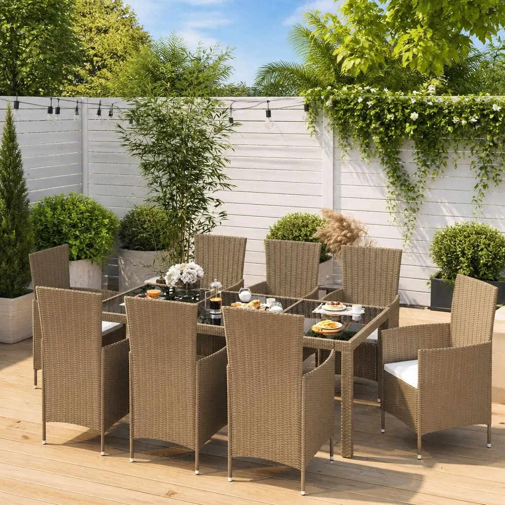 Outdoor Dining Set 9 Piece Beige Poly Rattan Garden Furniture with Cushions