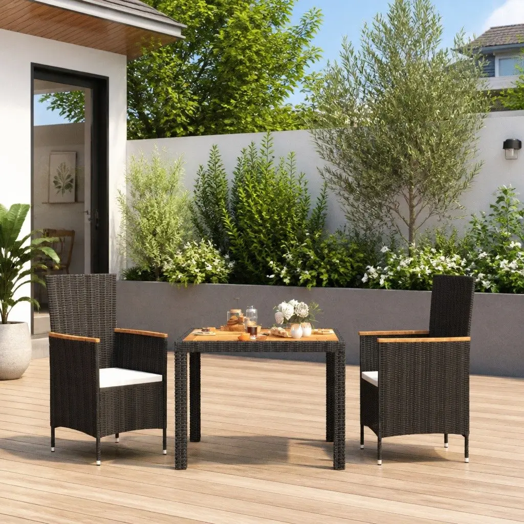 Outdoor Dining Set 3 Piece Black Poly Rattan Garden Furniture with Cushions