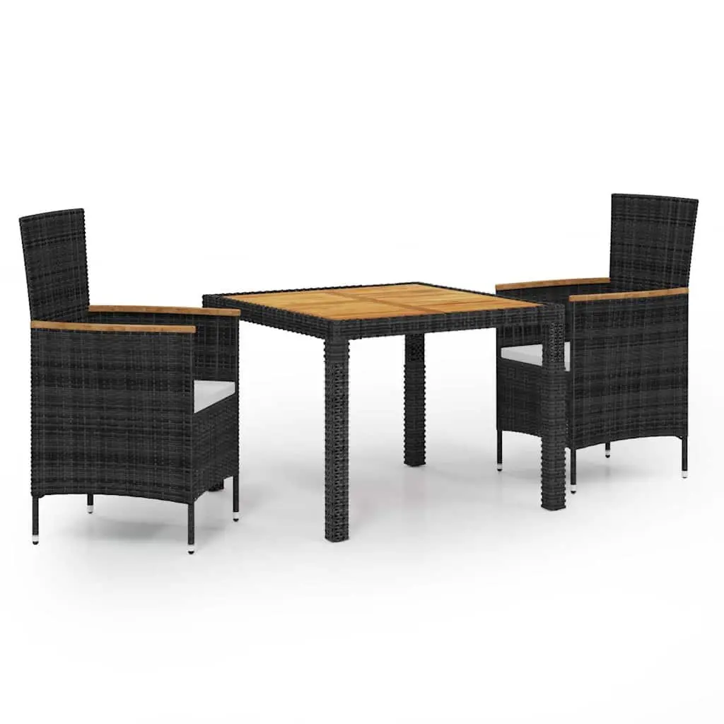 Outdoor Dining Set 3 Piece Black Poly Rattan Garden Furniture with Cushions