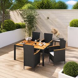 Outdoor Dining Set 5 Piece Black Poly Rattan Garden Furniture with Cushions