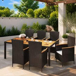 Outdoor Dining Set 7 Piece Black Rattan Garden Furniture with Cushions