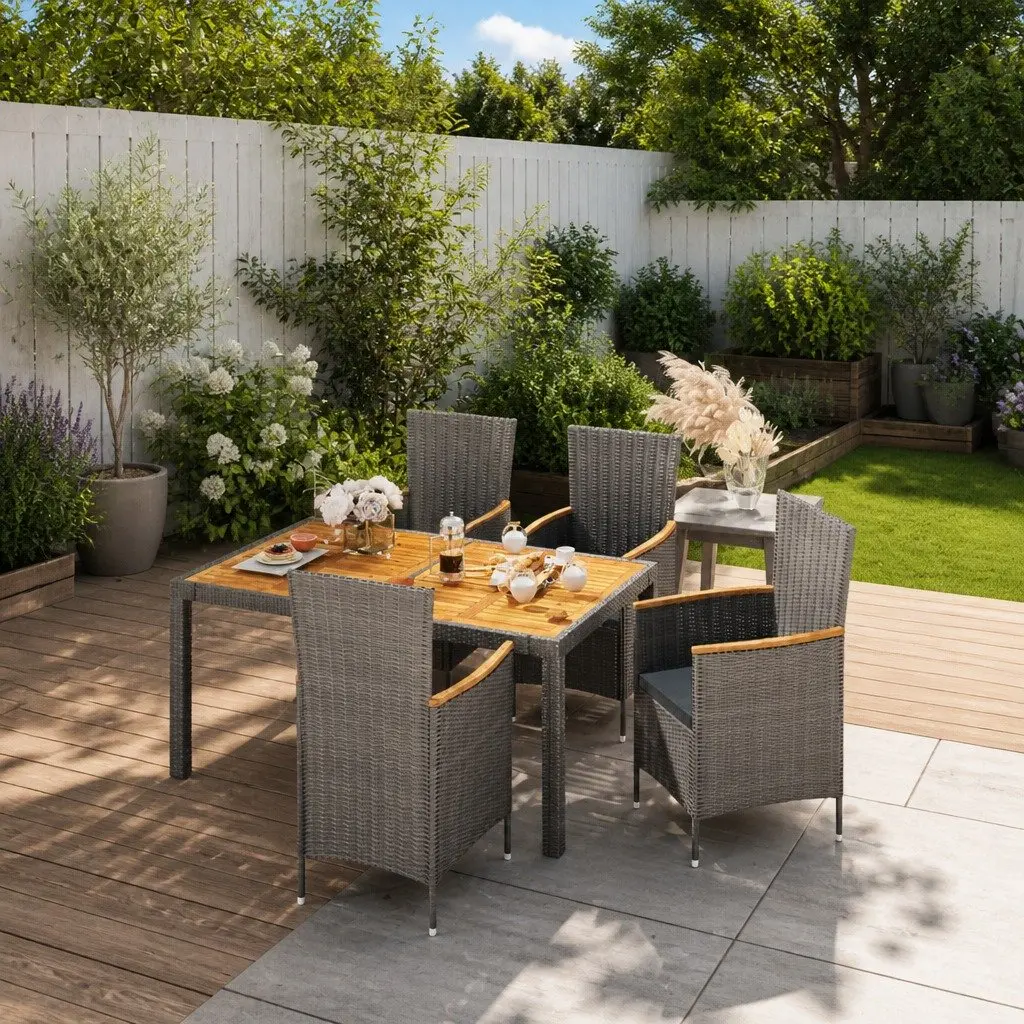 Outdoor Dining Set 5 Piece Grey Poly Rattan Garden Furniture with Cushions