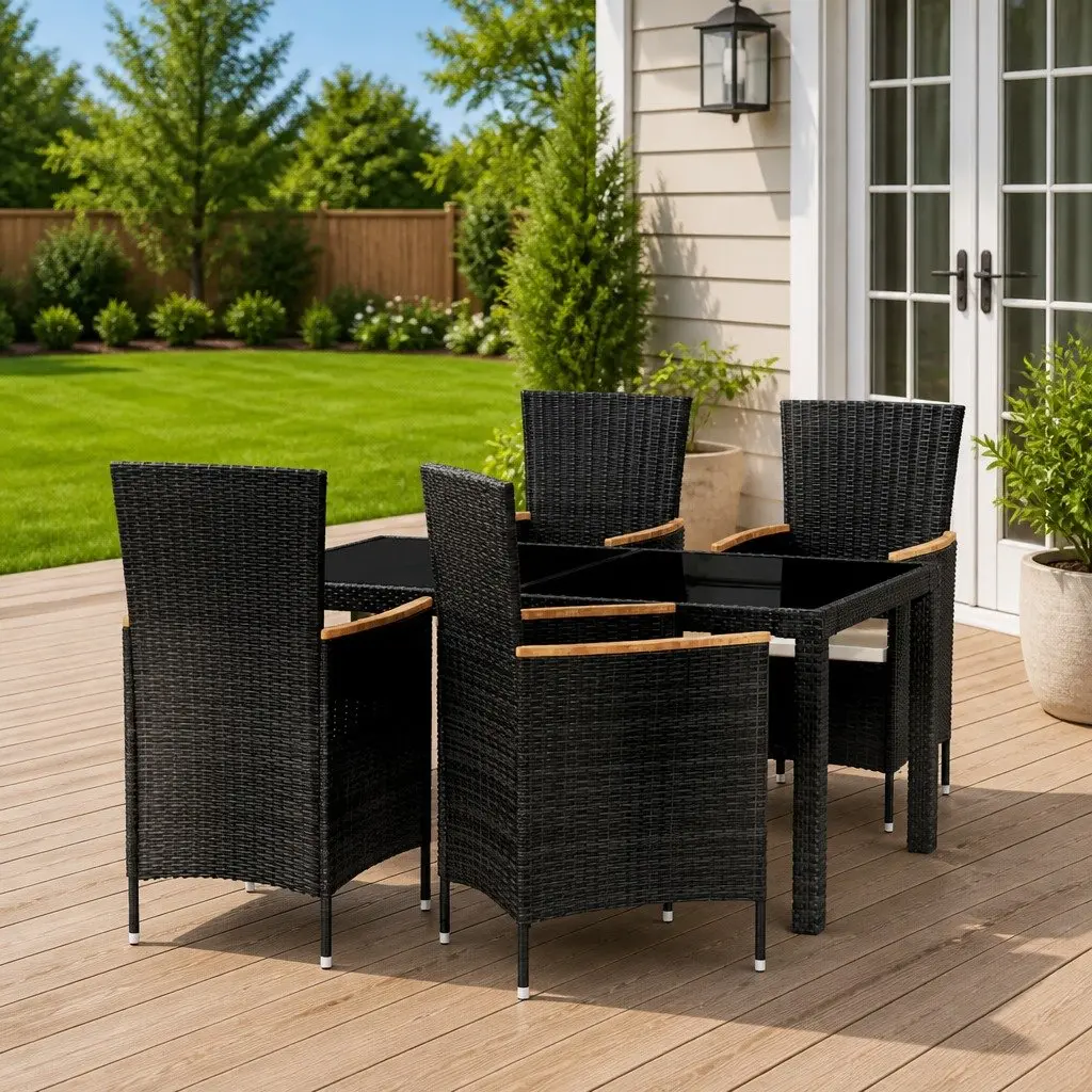 Outdoor Dining Set 5 Piece Poly Rattan Garden Furniture Black with Cushions
