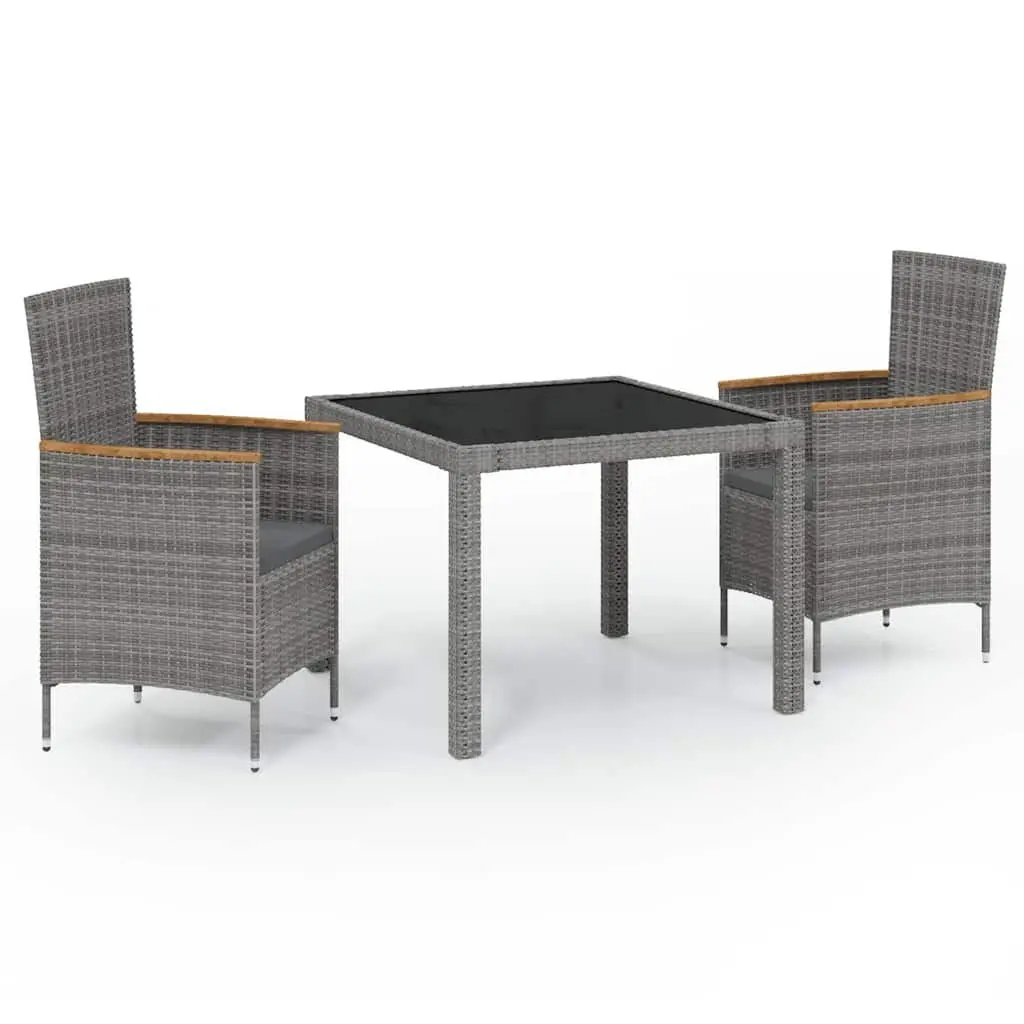 Outdoor Dining Set 3 Piece Grey Poly Rattan Garden Furniture with Cushions