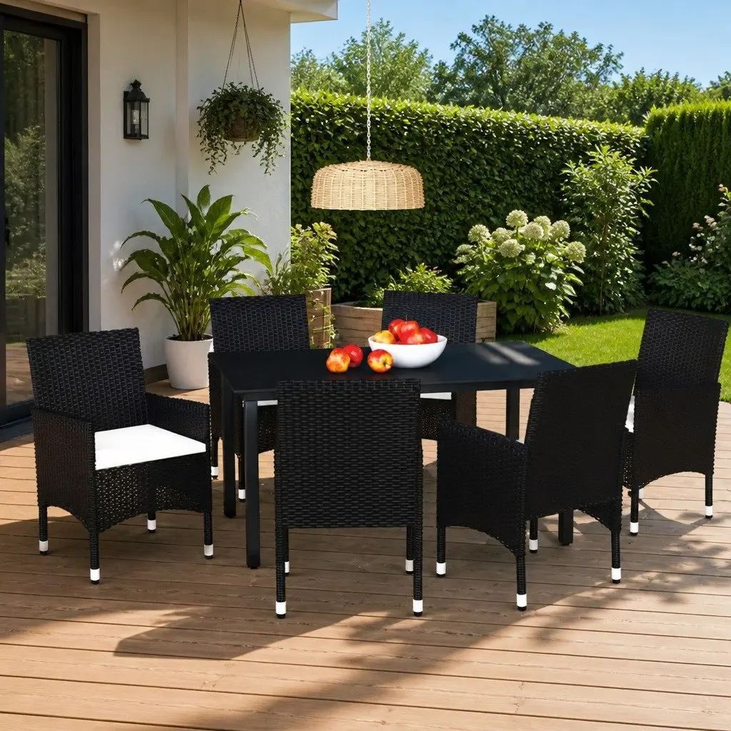 7 Piece Outdoor Dining Set Garden Patio Furniture Weather-Resistant PE Rattan Black
