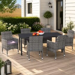 7 Piece Garden Dining Set Poly Rattan Patio Furniture Chairs Table Grey Cushions