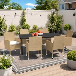 Garden Dining Set 7 Piece Outdoor Patio Furniture PE Rattan Beige Glass Table