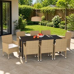 Garden Dining Set 9 Piece Outdoor Patio Furniture PE Rattan Beige with Cushions