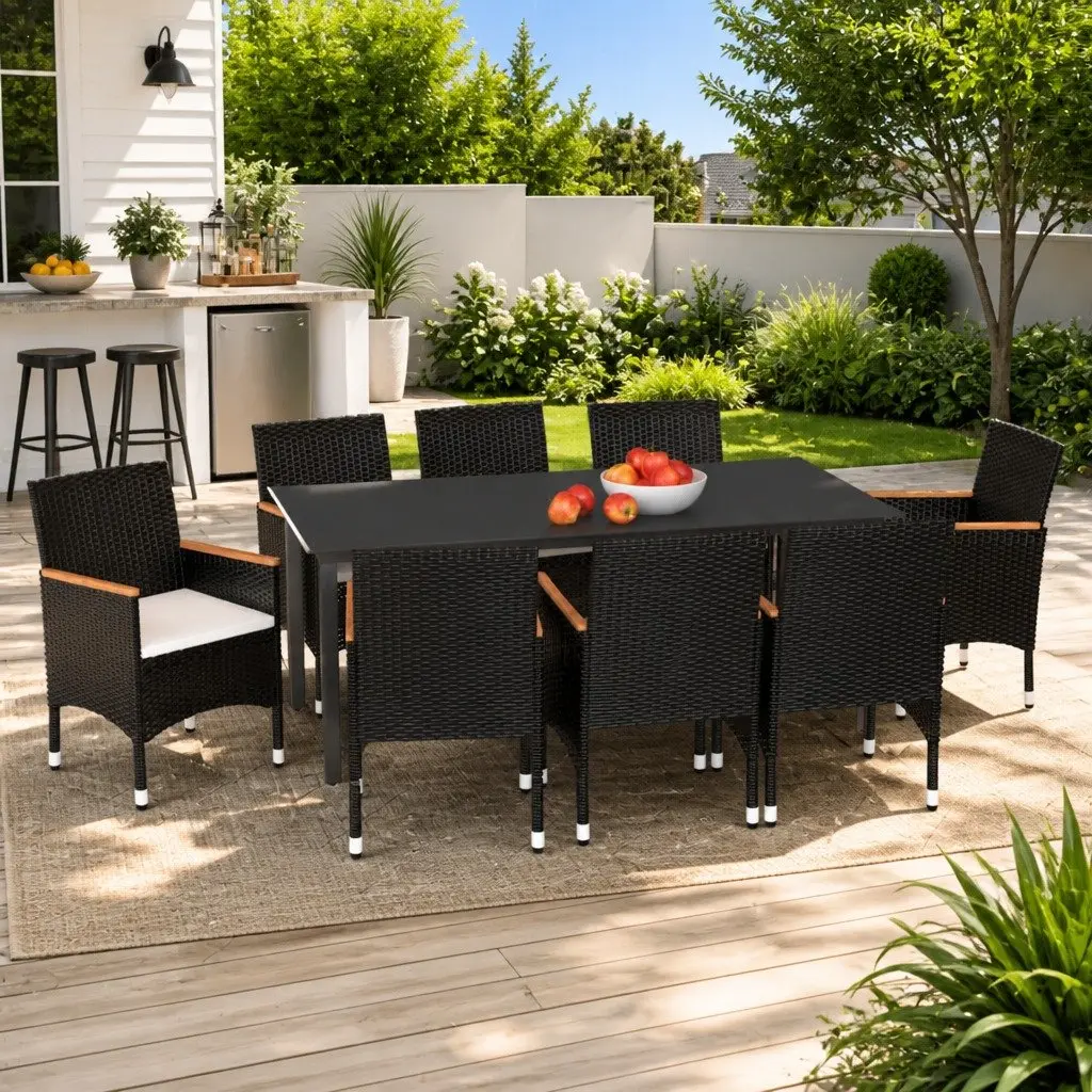 Garden Dining Set 9 Piece Outdoor Patio Furniture Weather-resistant PE Rattan Black with Cushions