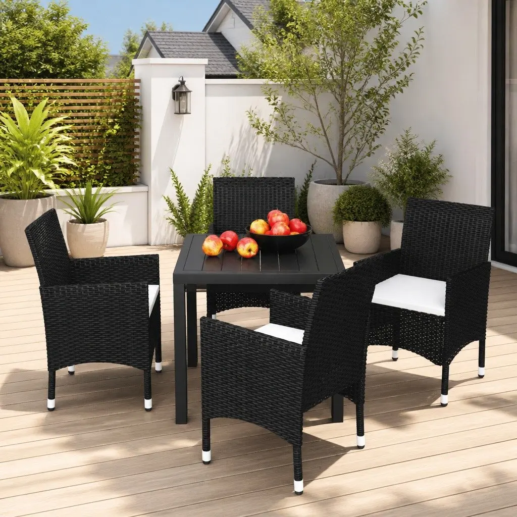 5 Piece Outdoor Dining Set Weather-Resistant PE Rattan Black Patio Garden Furniture with Cushions