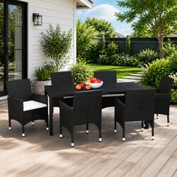 7 Piece Garden Dining Set Outdoor Patio Table Chairs PE Rattan Black Cushions