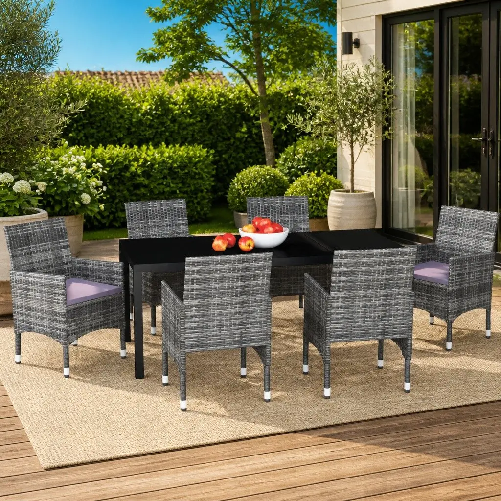 7 Piece Garden Dining Set Grey Poly Rattan Outdoor Patio Furniture with Cushions