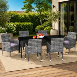 7 Piece Garden Dining Set Grey Poly Rattan Outdoor Patio Furniture with Cushions