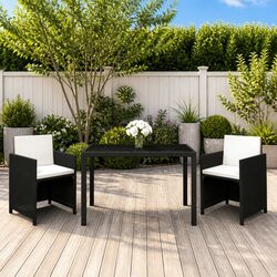 Outdoor Dining Set 3 Piece Garden Furniture Black Poly Rattan Glass Table Chairs