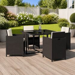 5 Piece Outdoor Dining Set with Cushions Poly Rattan Glass Table Garden