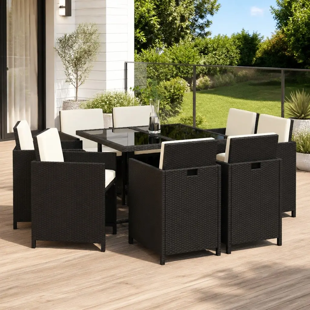 Outdoor Dining Set 9 Piece Garden Furniture Weather-resistant PE Rattan Black with Cushions