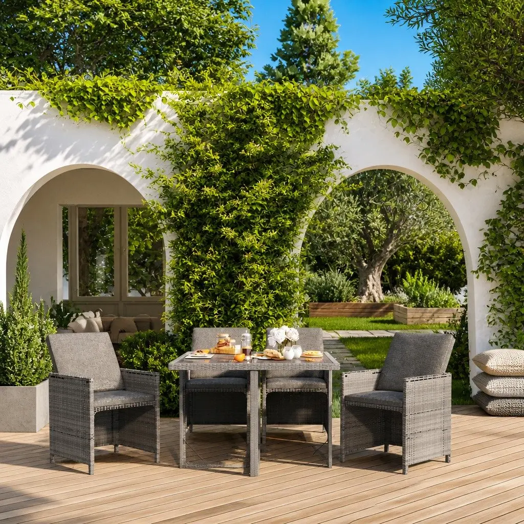 5 Piece Garden Dining Set Poly Rattan Cushions Outdoor Table Chairs Grey