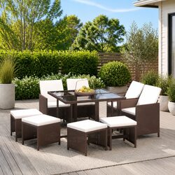 Garden Dining Set 9 Piece Outdoor Patio Furniture PE Rattan Brown with Cushions