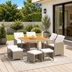 Garden Dining Set 9 Piece Outdoor Furniture PE Rattan Beige with Cushions