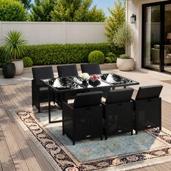 7 Piece Outdoor Garden Dining Set Poly Rattan Chairs Table with Cushions Black