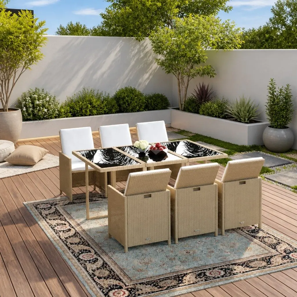 7 Piece Outdoor Garden Dining Set Weather-Resistant PE Rattan Beige Patio Furniture