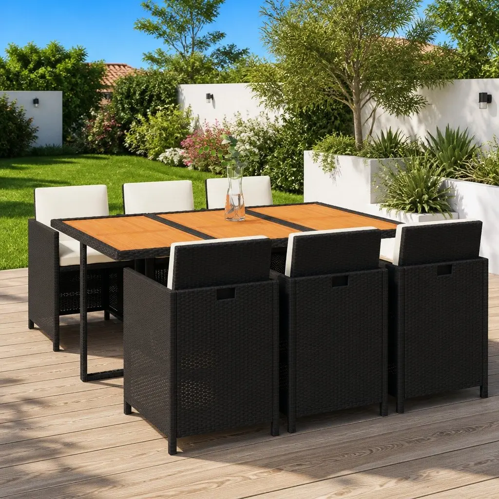 7 Piece Outdoor Garden Dining Set with Cushions PE Rattan Black Patio Furniture