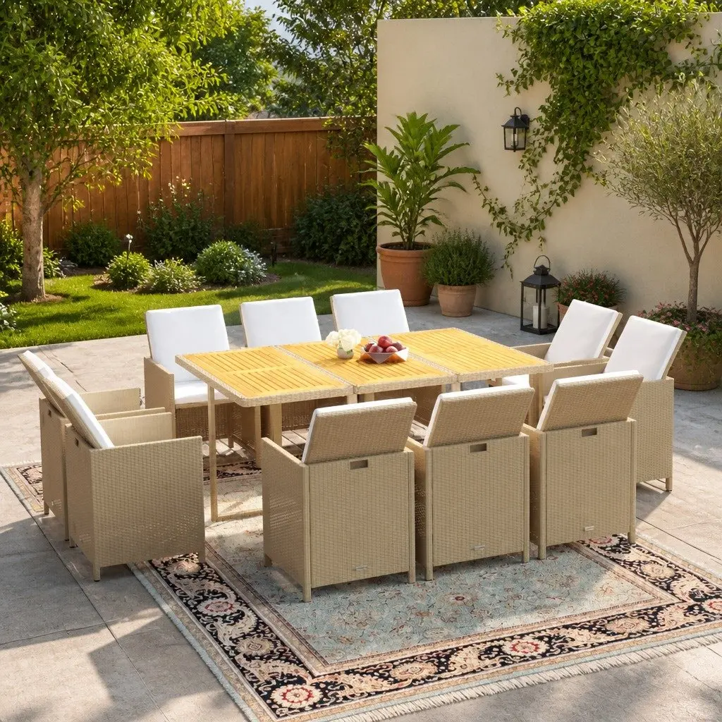 Garden Dining Set 11 Piece Outdoor Furniture PE Rattan Patio Table Chairs Beige