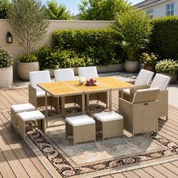 Garden Dining Set 11 Piece Outdoor Furniture Poly Rattan Beige Patio Table