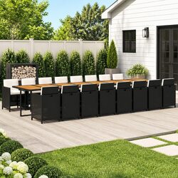Outdoor Garden Dining Set 17 Piece Black Poly Rattan Furniture with Cushions