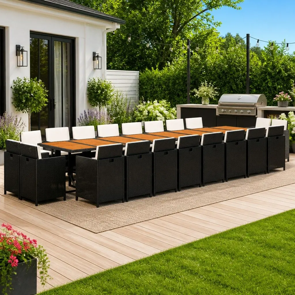 Garden Dining Set 21 Piece Outdoor Furniture Black Poly Rattan with Cushions