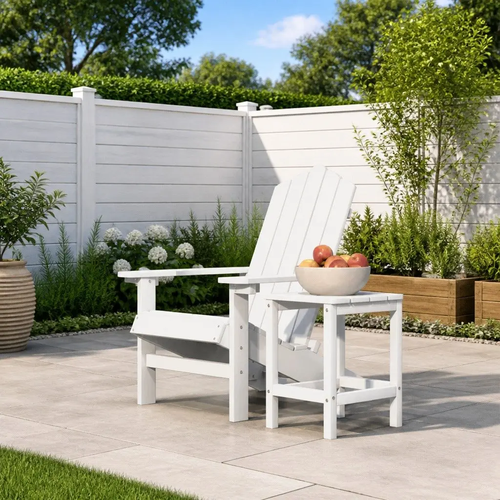 Adirondack Chair with Integrated Table Weather Resistant HDPE White