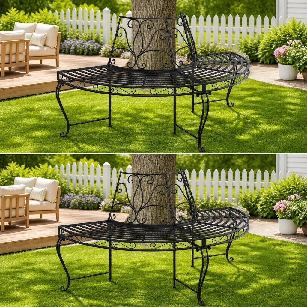 Half Round Tree Bench Outdoor Seating Steel Ø160 cm Black 2 Piece