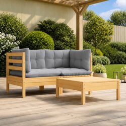 Garden Lounge Set 3 Piece Outdoor Furniture Grey Cushions Pinewood Patio