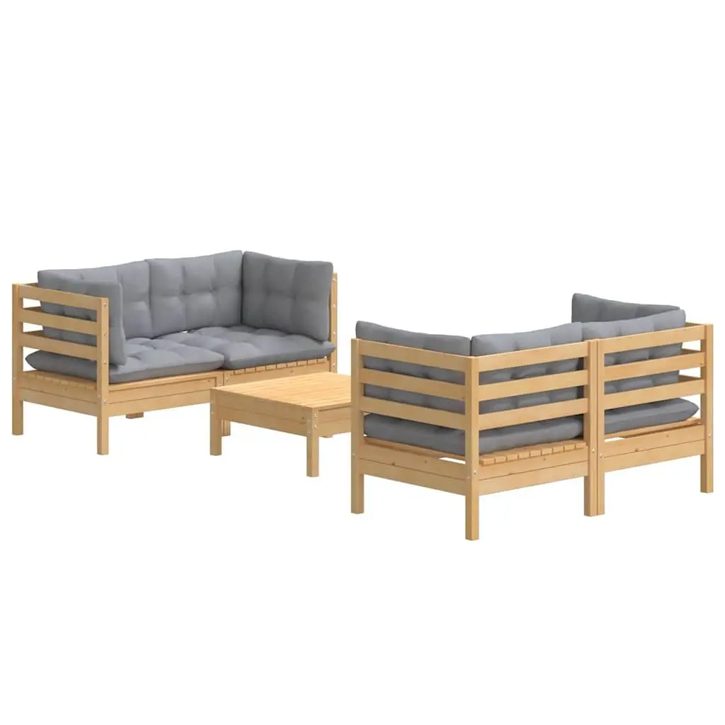 Garden Lounge Set 5 Piece Outdoor Patio Furniture Grey Cushions Pinewood