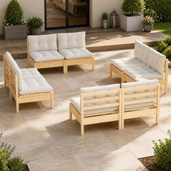 Garden Lounge Set 8 Piece Outdoor Patio Furniture Pinewood with Cream Cushions