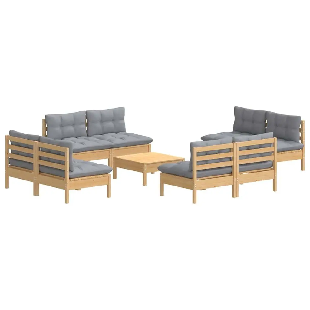 9 Piece Outdoor Garden Lounge Set Pinewood Patio Furniture Grey Cushions Modular