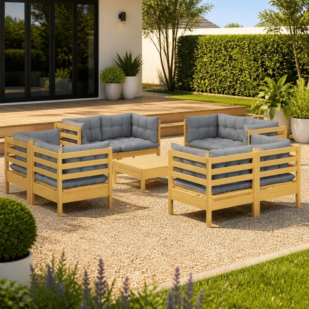 Garden Lounge Set 9 Piece Modular Outdoor Patio Furniture Pinewood Grey Cushions